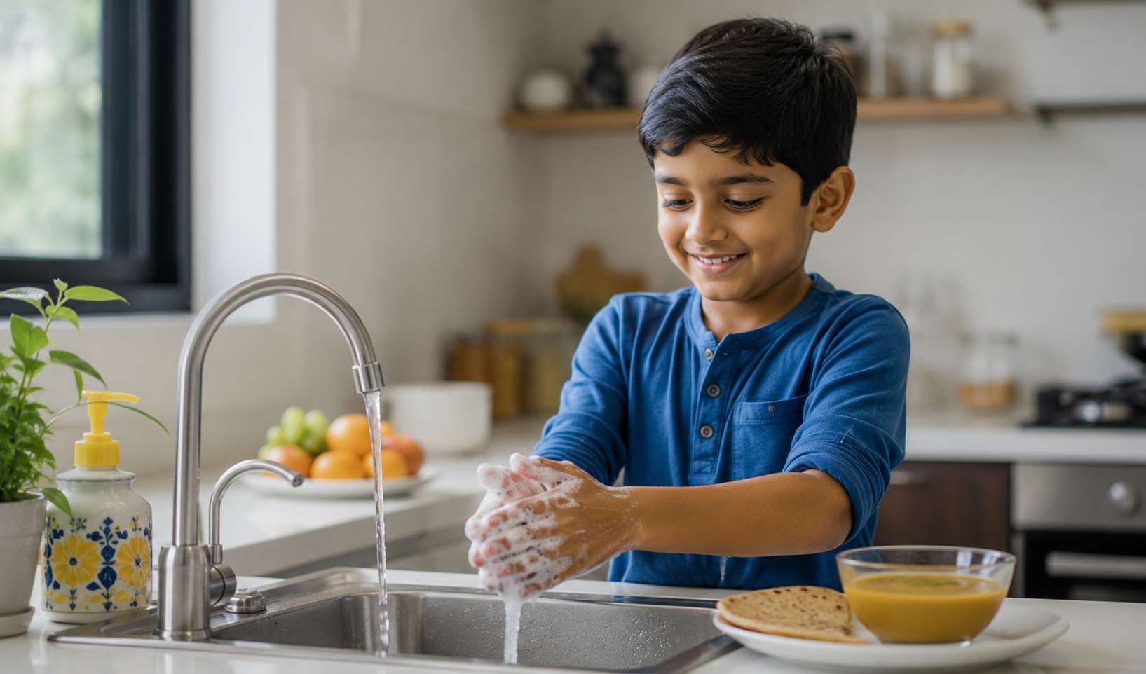 Young child washing hands with soap before eating