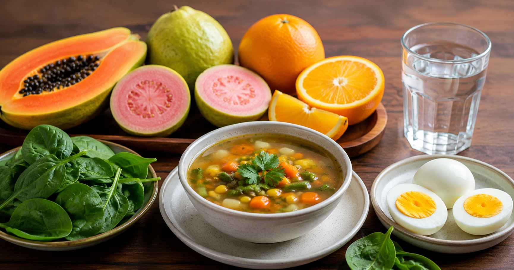 Healthy fruits vegetables and soup for children during monsoon