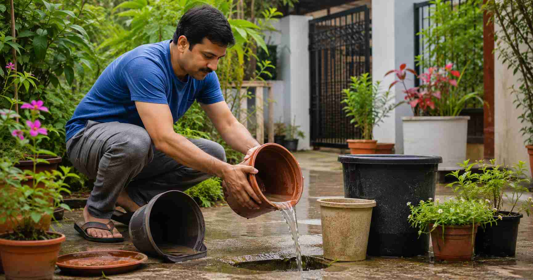 Parent removing standing water to prevent mosquito breeding