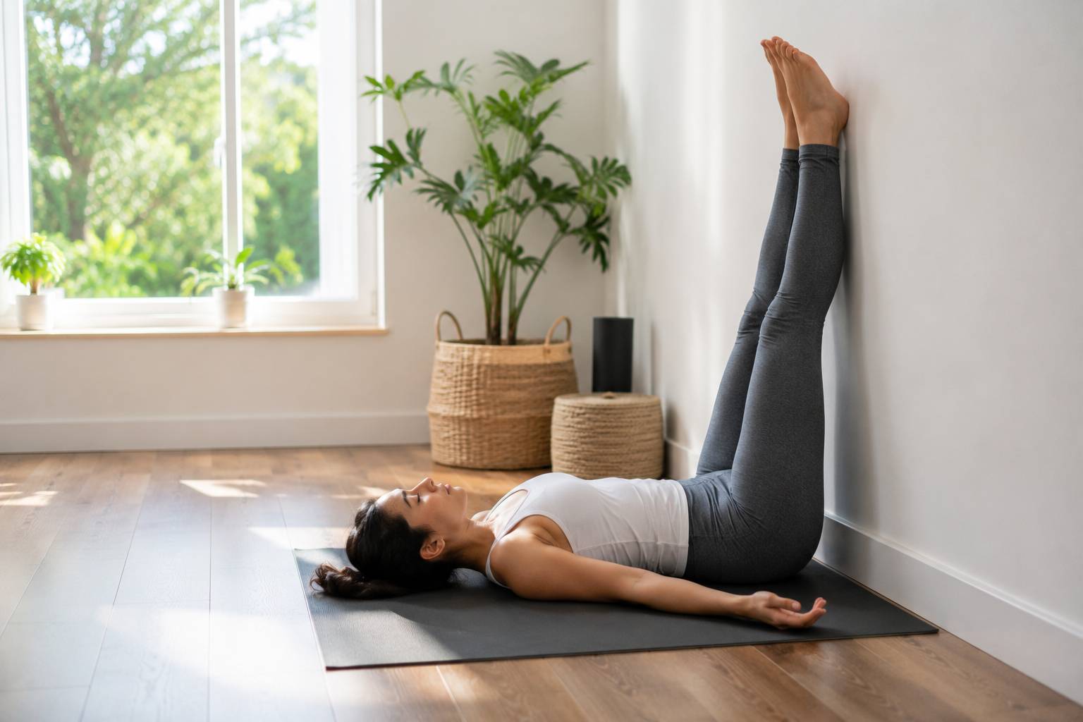 Woman practicing Viparita Karani