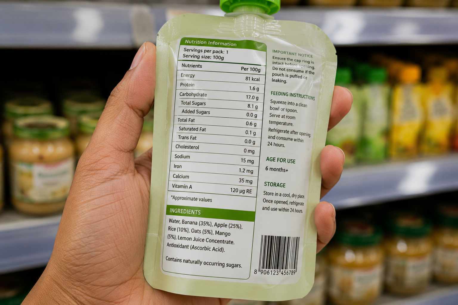 Close-up of nutrition facts label on baby food packaging