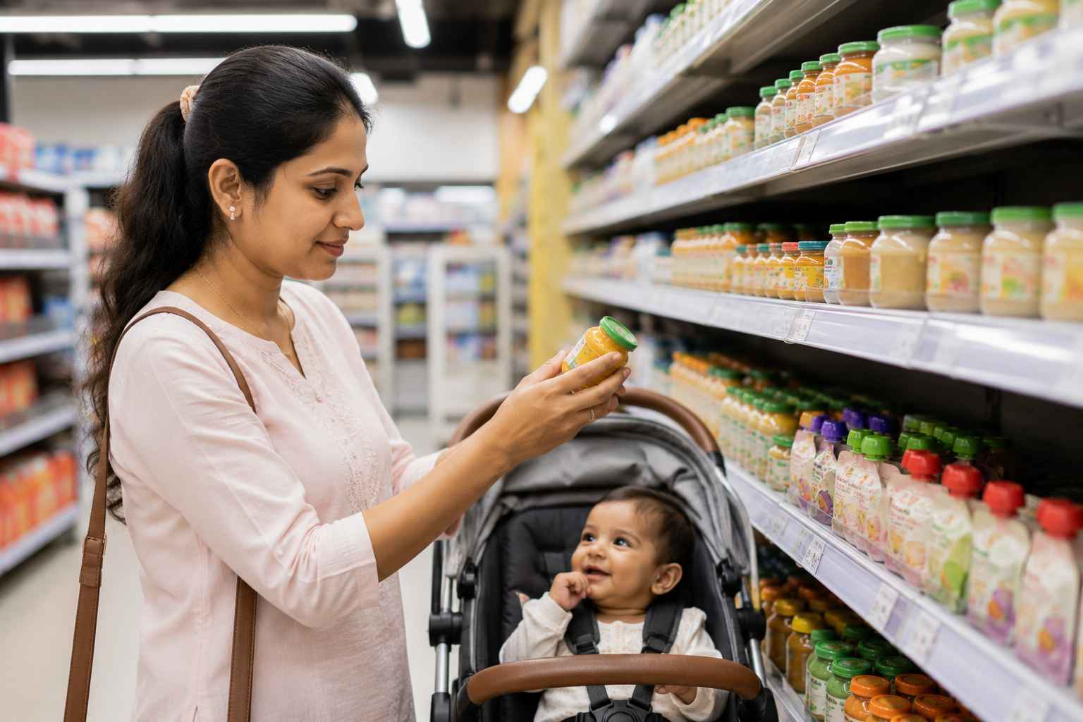 Parent selecting healthy packaged baby food