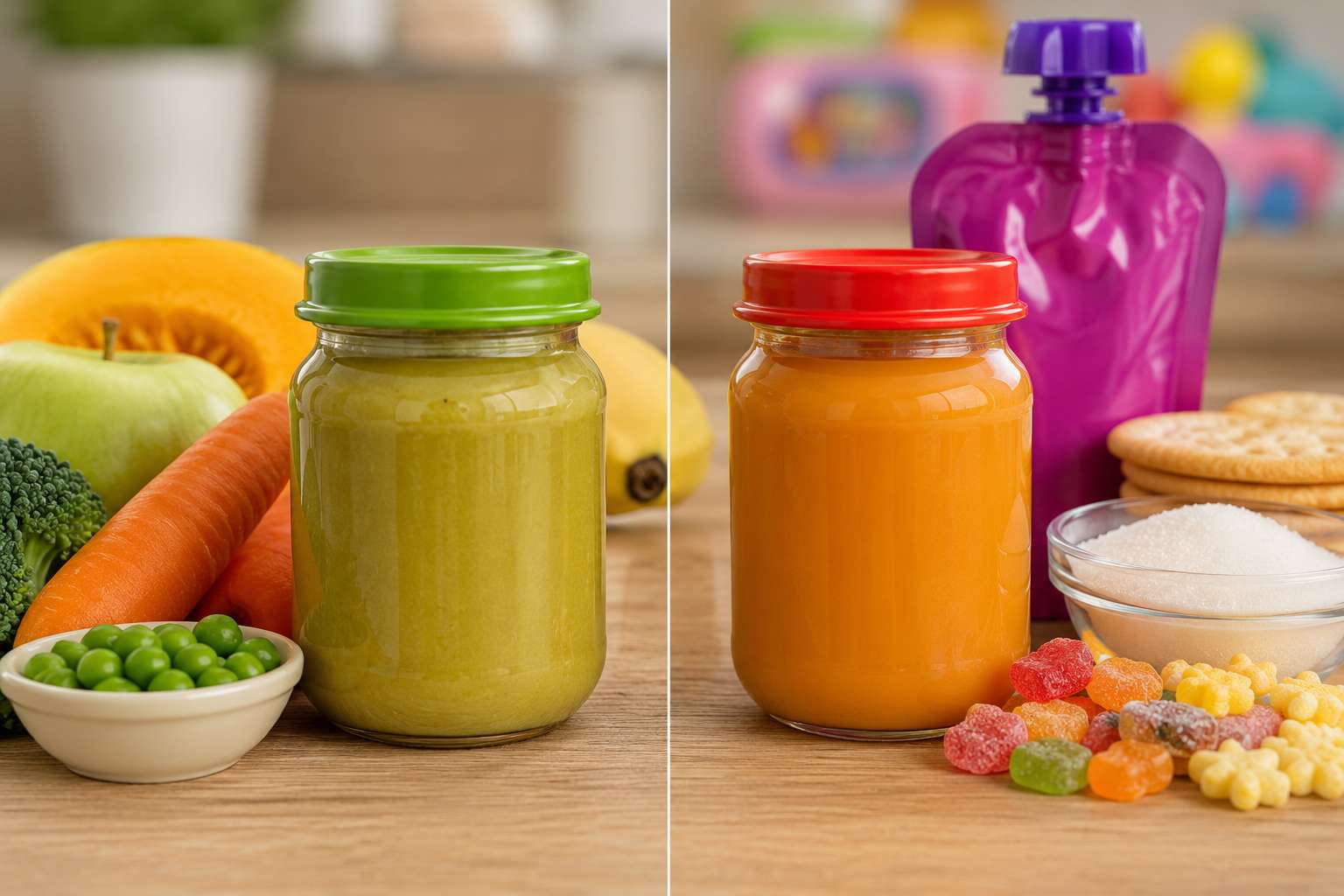 Healthy and unhealthy packaged baby food comparison