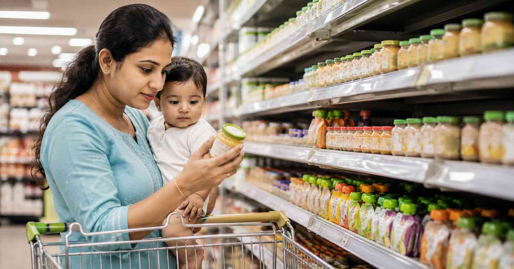 Mother reading baby food packaging labels while shopping for healthy baby food