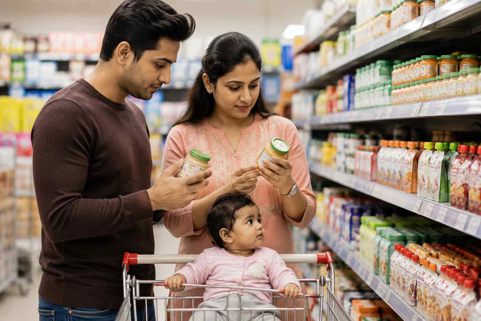Parents comparing baby food products in a supermarket
