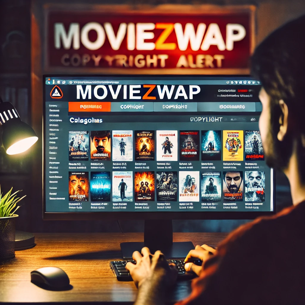User browsing MoviezWap categories with copyright warning signs and pop-up ads on screen