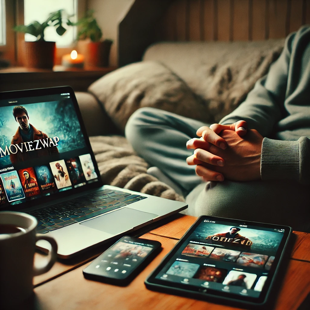 User watching downloaded movie from MoviezWap on mobile device with laptop and tablet nearby