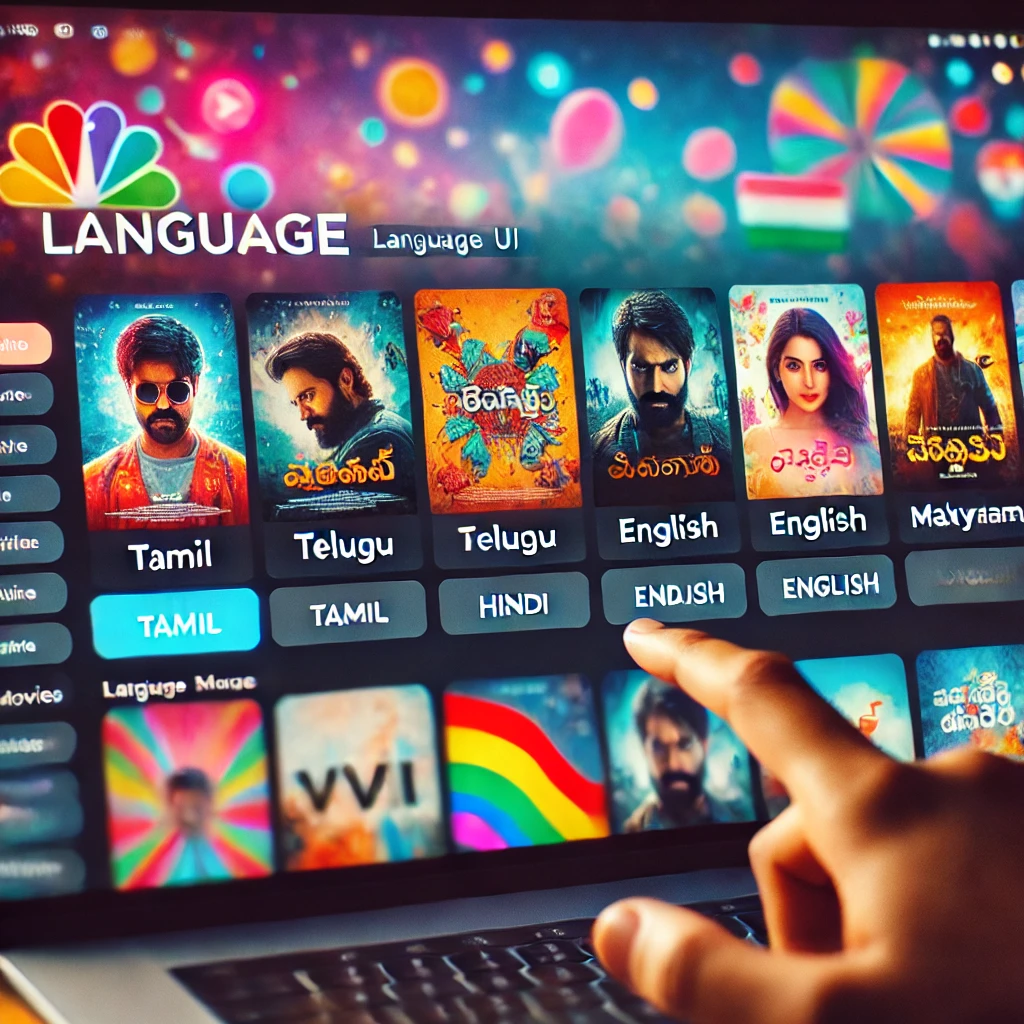 Streaming interface with language tabs including Telugu, Tamil, Hindi, and Malayalam