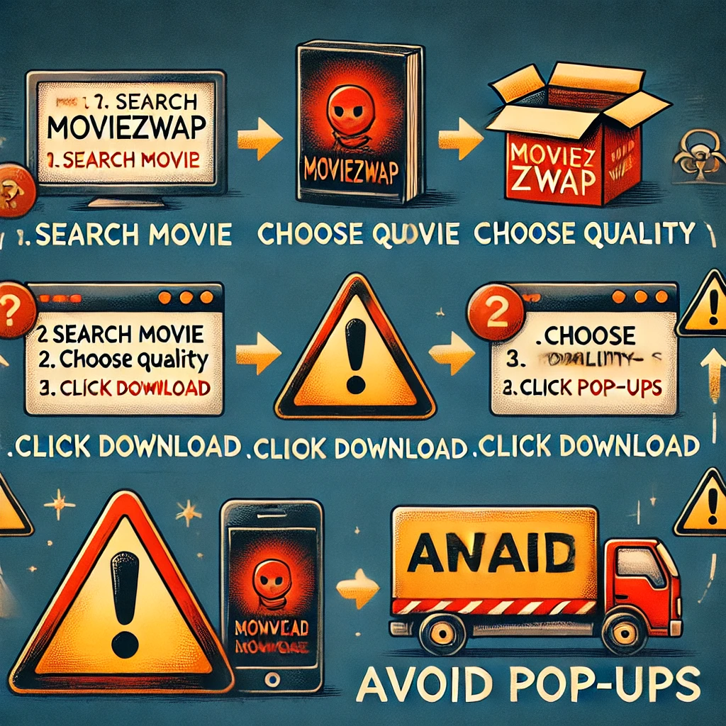 Step-by-step graphic on downloading a movie from MoviezWap with warnings for pop-ups