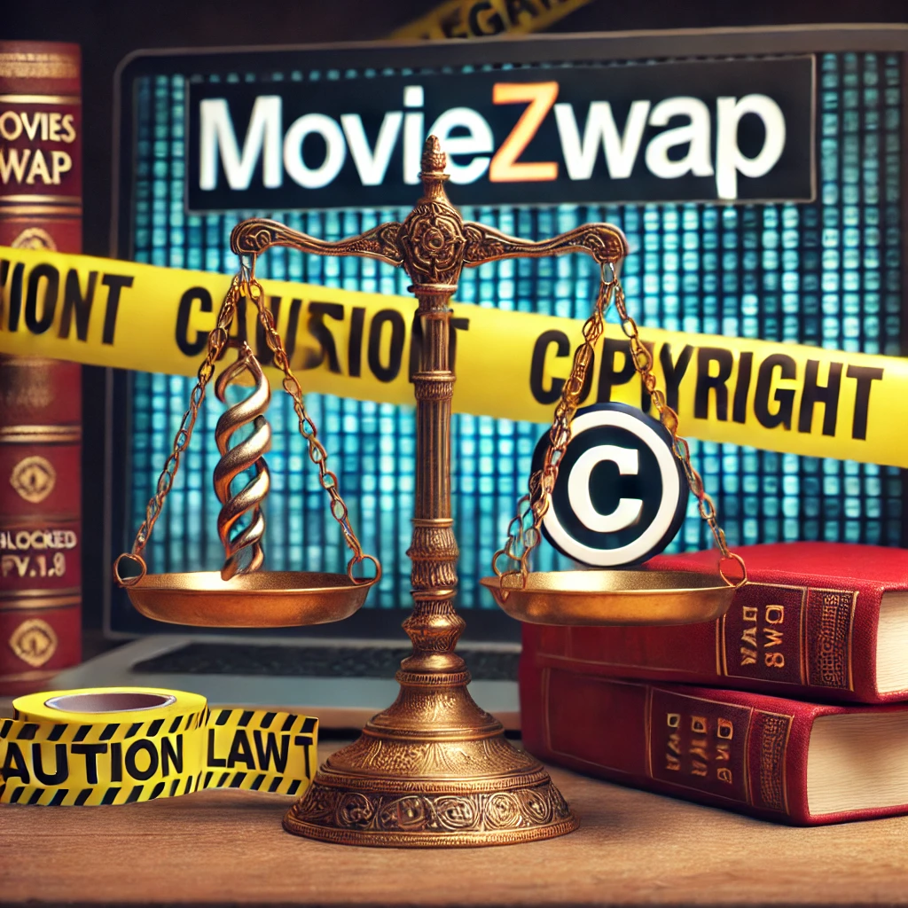 Visual concept of MoviezWap vs copyright law with legal scale and caution tape