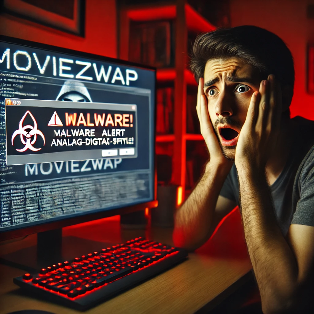 Computer screen showing malware warning from MoviezWap pop-up with user reacting in concern
