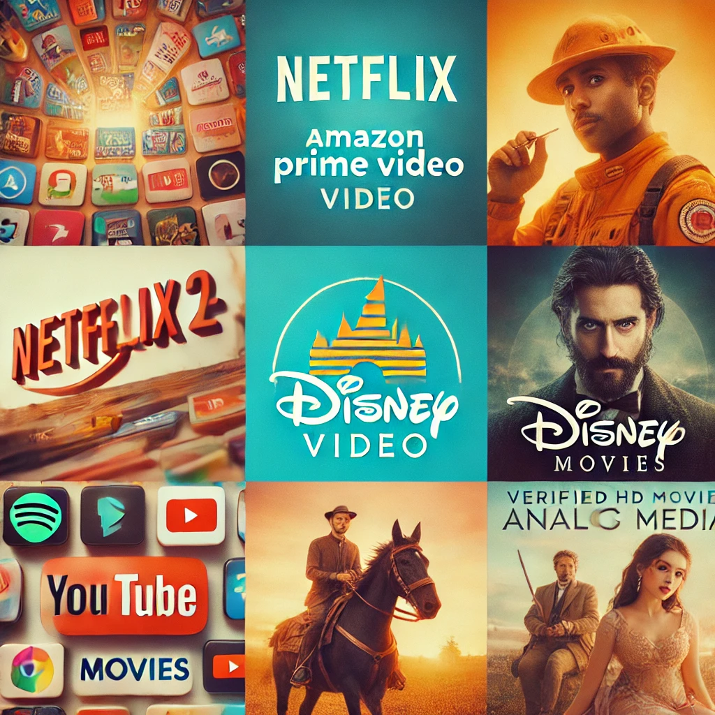 Collage of legal movie platforms including Netflix, Prime Video, Disney+, and YouTube Movies