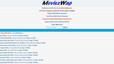 MoviezWap website homepage showing links to Telugu, Tamil, and dubbed movie downloads with latest update list