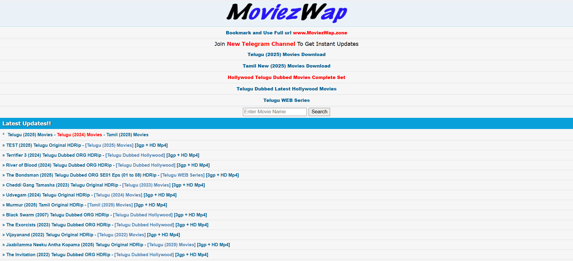 MoviezWap website homepage showing links to Telugu, Tamil, and dubbed movie downloads with latest update list