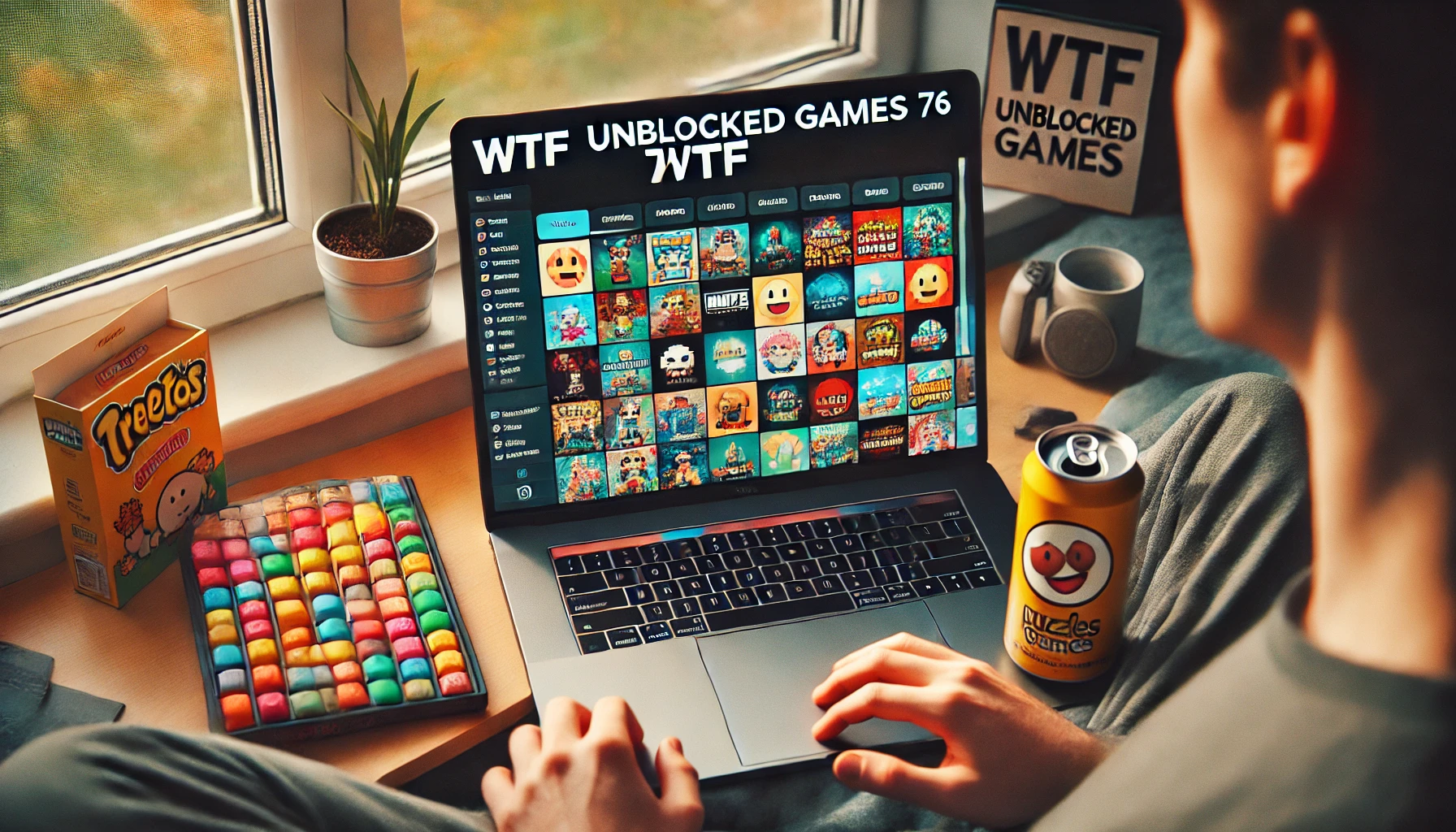 Laptop open to a colorful arcade-style game hub with mini-game thumbnails, while a student relaxes with snacks nearby in natural daylight