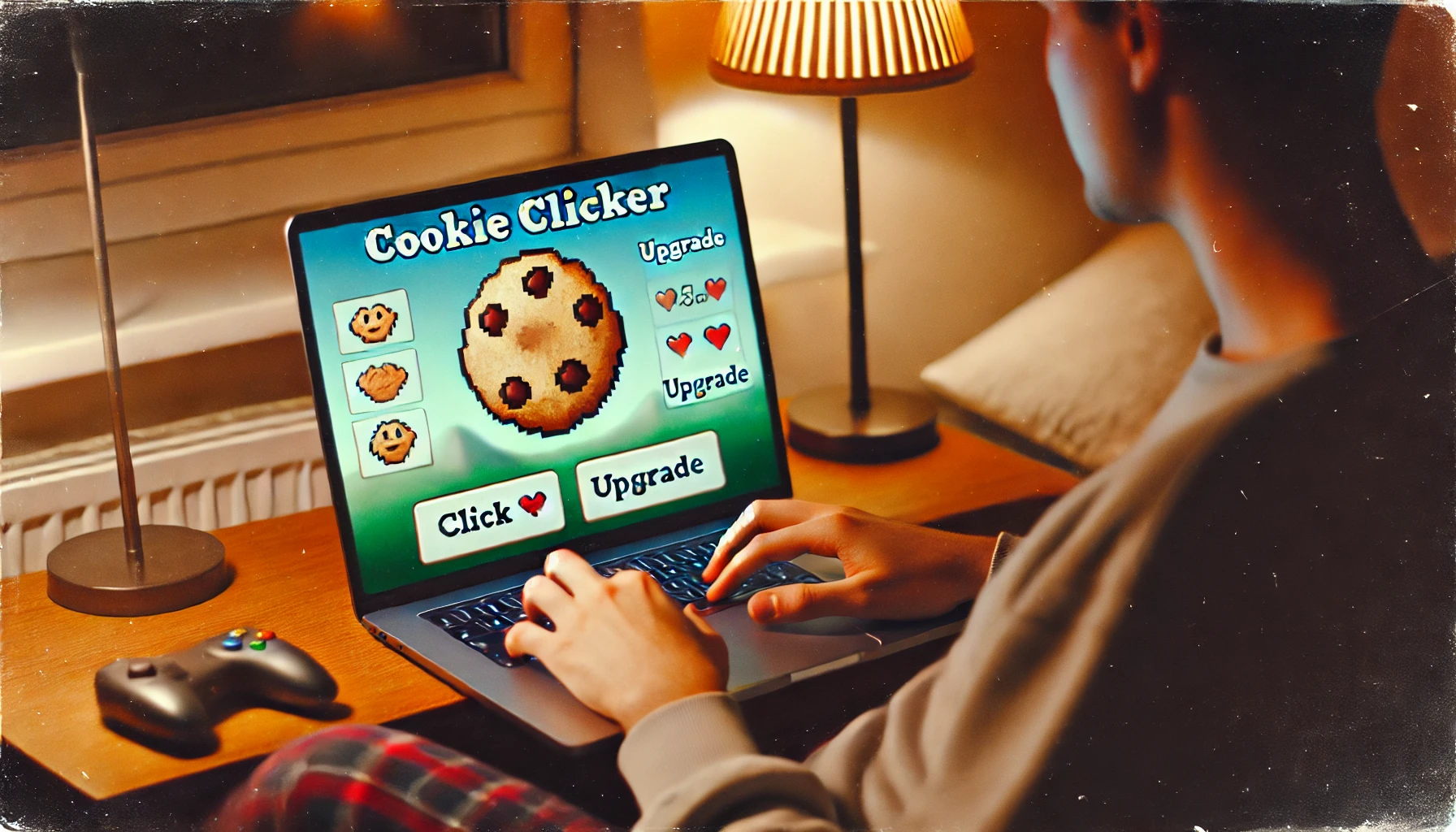 Laptop screen showing Cookie Clicker gameplay with upgrades while a student clicks and snacks at a desk in a cozy bedroom