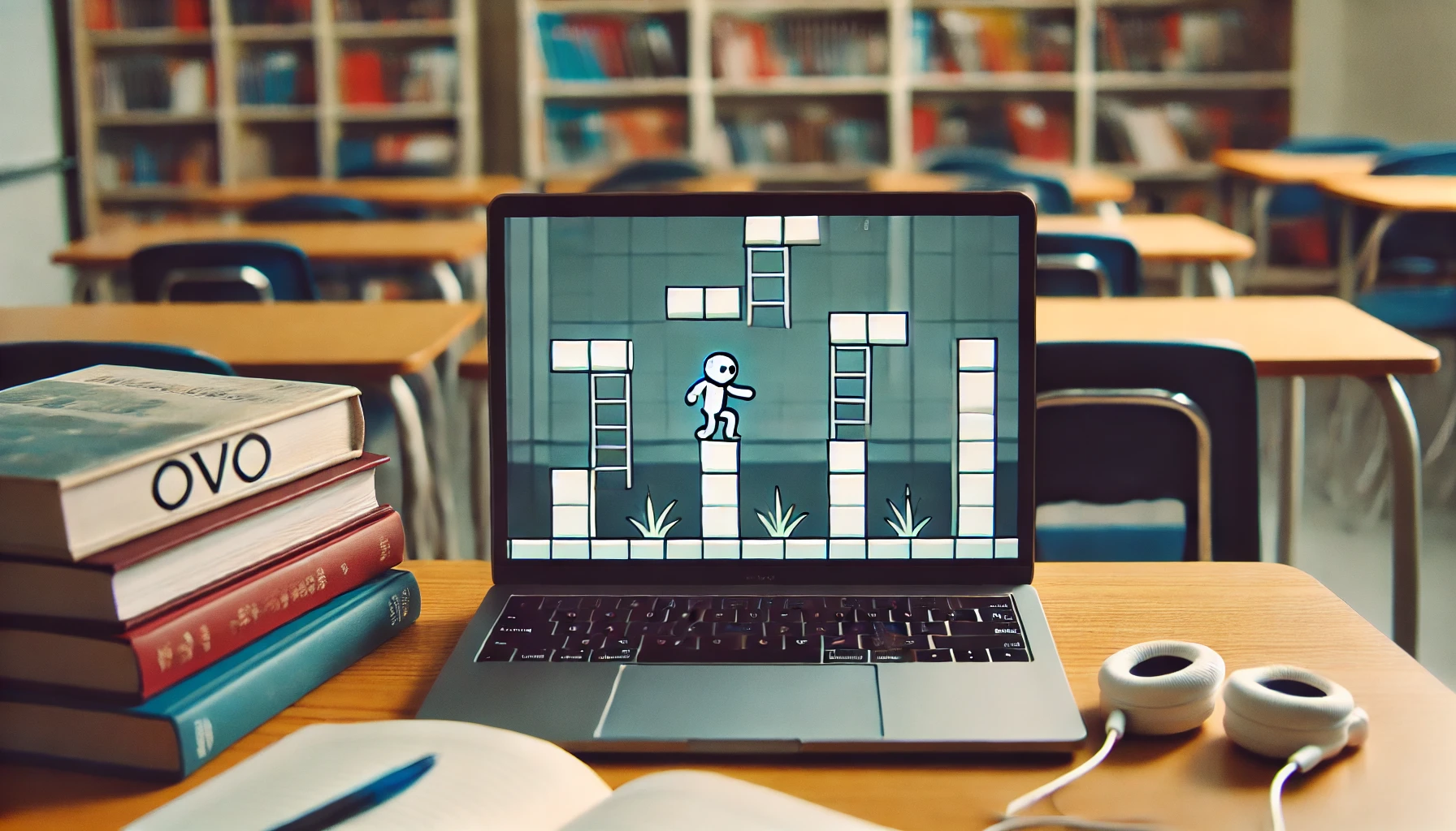 Student playing a minimalistic stickman parkour platformer on a laptop with books and earbuds nearby in a classroom setting