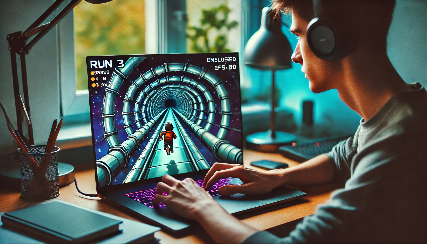 Student playing Run 3 with a sci-fi tunnel and alien runner on screen, wearing headphones at a study desk with cool ambient lighting