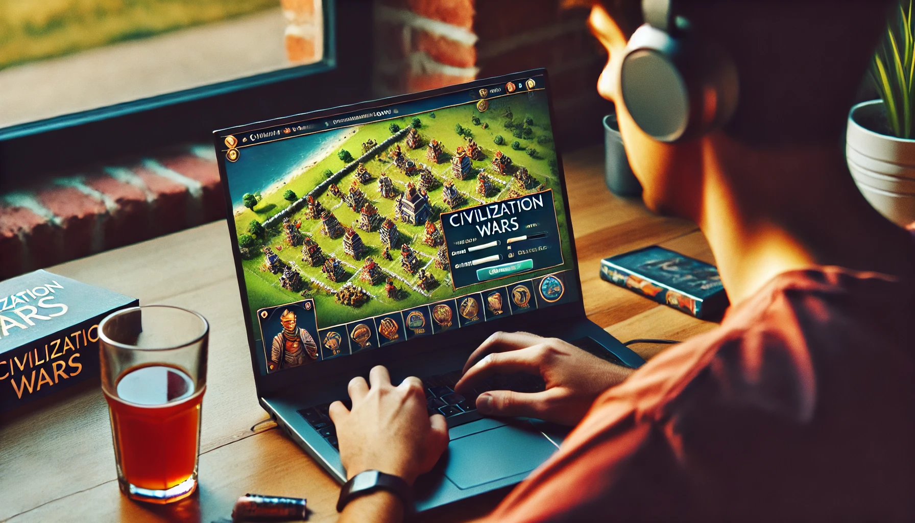 Laptop displaying castles, battlefield units, and upgrades from Civilization Wars while a student plays at a desk with headphones and a drink