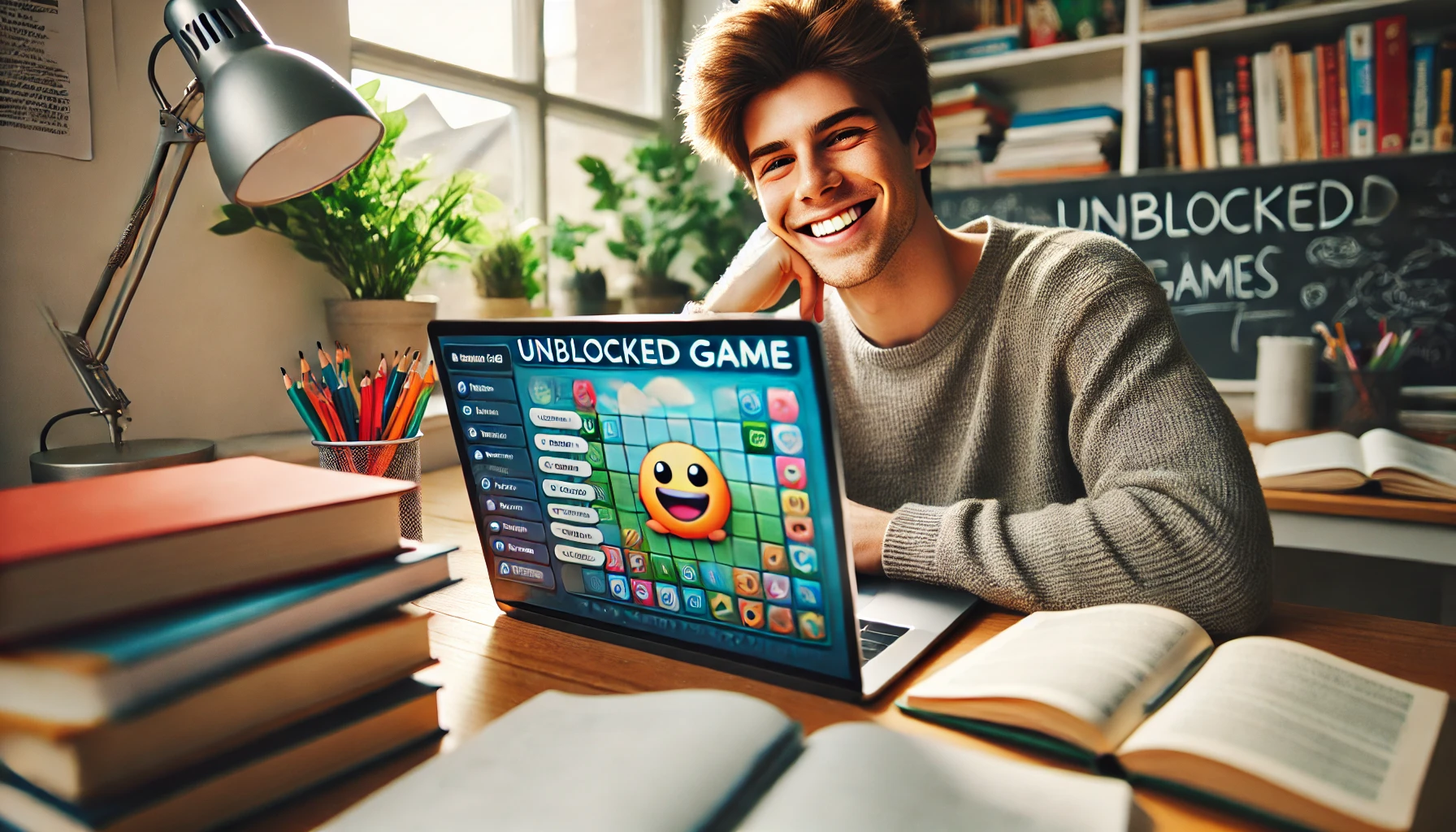 Student smiling while playing a browser game on a laptop during a study break, with schoolbooks and notes nearby in a bright setting