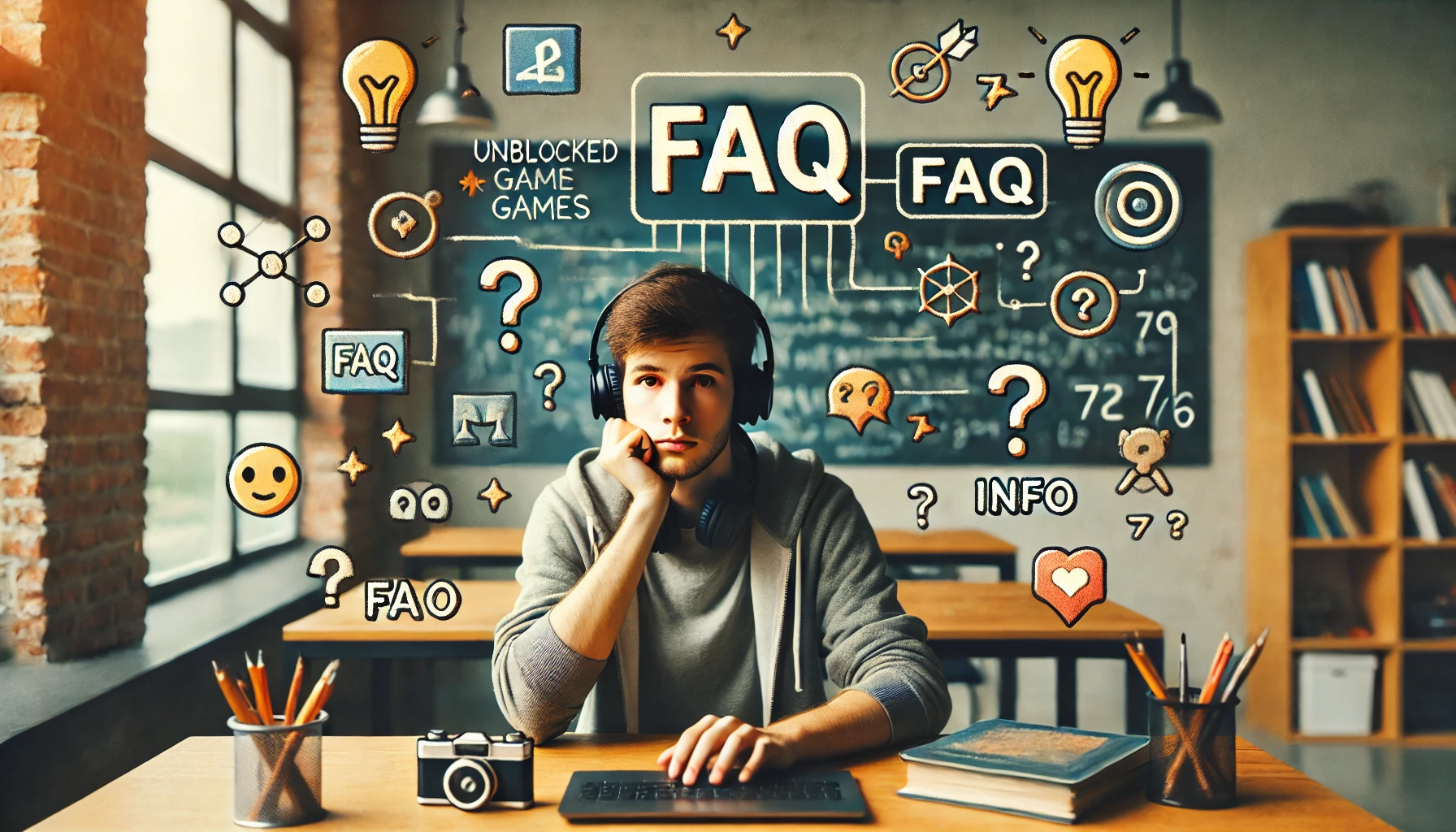 Student browsing FAQ page on a laptop surrounded by floating question icons, seated casually at a desk with headphones and a thoughtful expression
