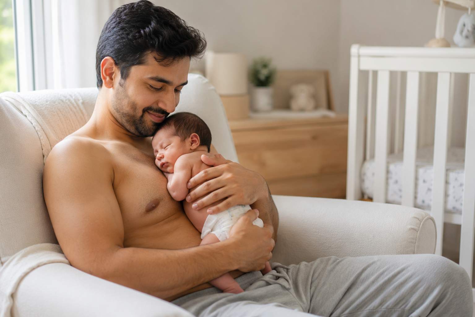 Father enjoying skin-to-skin contact with his newborn