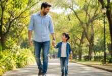 Father spending quality time with his young child in a park