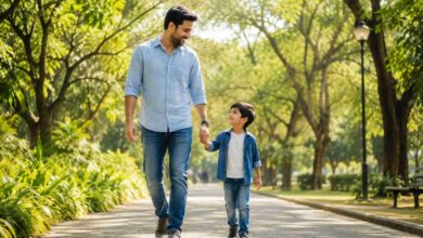 Father spending quality time with his young child in a park