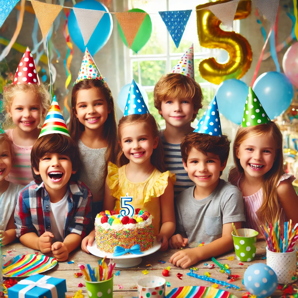 A vibrant 5 Year Old Birthday Party Ideas with children wearing party hats, laughing, and celebrating around a festive table with balloons, decorations, and a birthday cake.