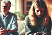 A concerned parent sits across from a distant teenager glued to their phone, symbolizing emotional disconnect and signs of a toxic teenager