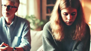 A concerned parent sits across from a distant teenager glued to their phone, symbolizing emotional disconnect and signs of a toxic teenager