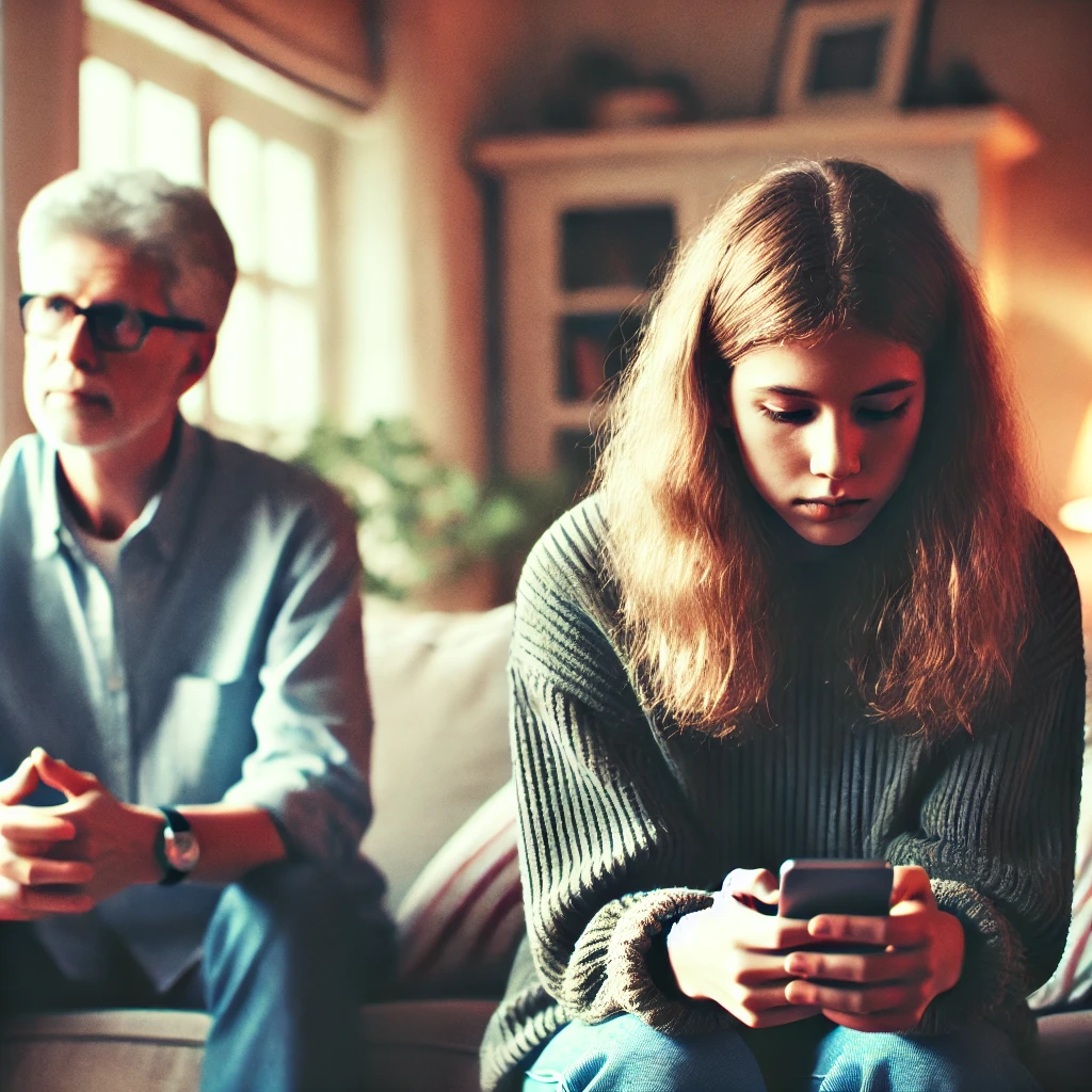 A concerned parent sits across from a distant teenager glued to their phone, symbolizing emotional disconnect and signs of a toxic teenager