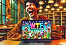 Student smiling at a laptop screen while playing a chaotic WTF unblocked game filled with exaggerated cartoon graphics in a cozy school library