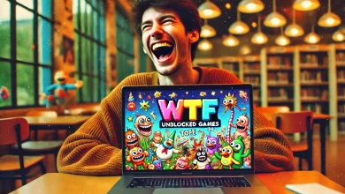 Student smiling at a laptop screen while playing a chaotic WTF unblocked game filled with exaggerated cartoon graphics in a cozy school library