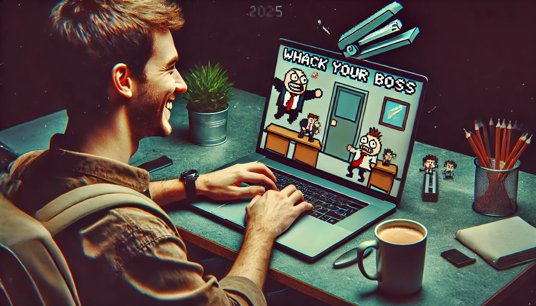 Student smirking while playing Whack Your Boss on a laptop showing cartoon violence in an office scene, seated at a desk with a coffee cup and backpack