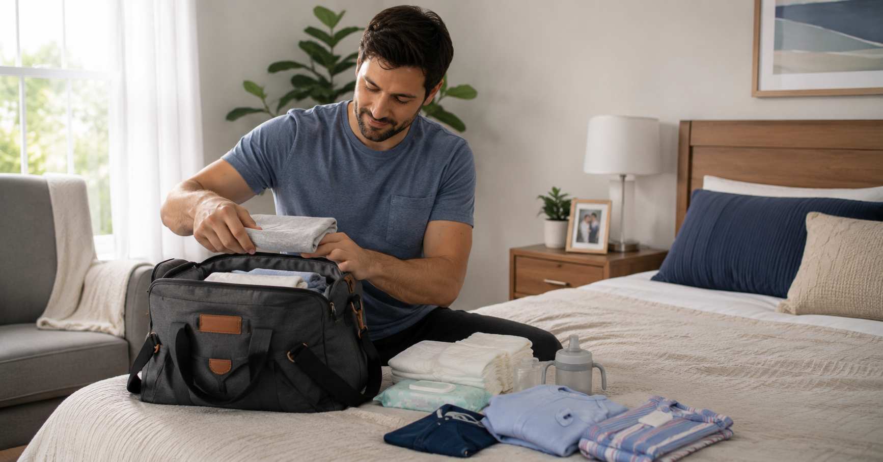 First-time dad packing a hospital bag before delivery