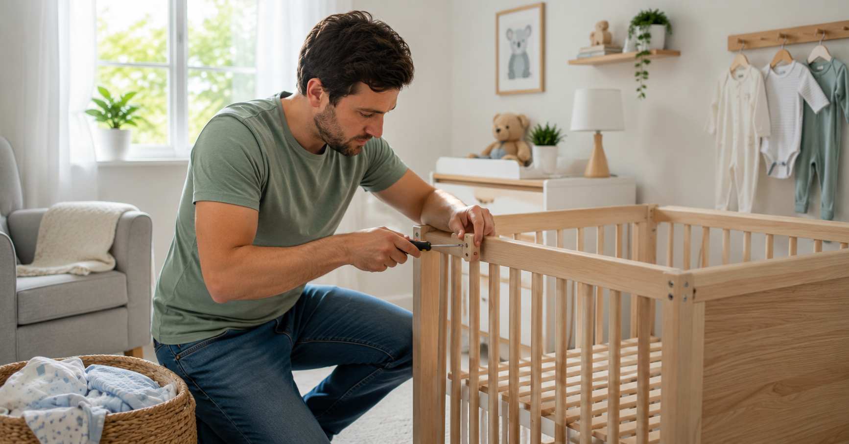 Expectant father assembling a baby crib in a nursery