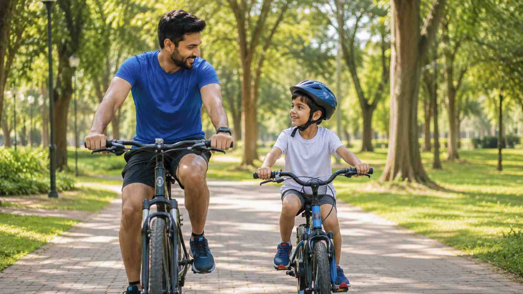 Father riding bicycles with child in park