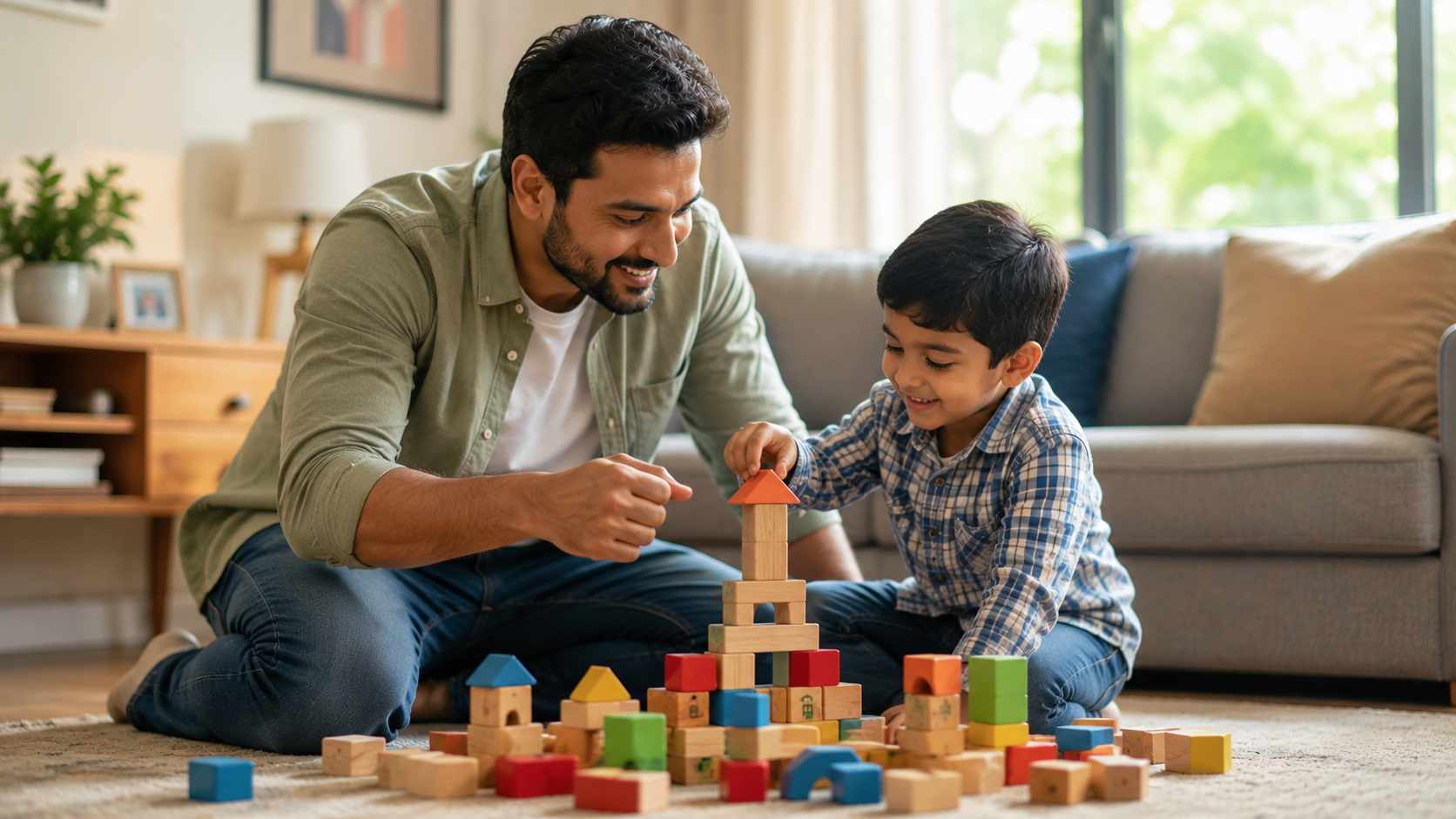 Father encouraging young child during play