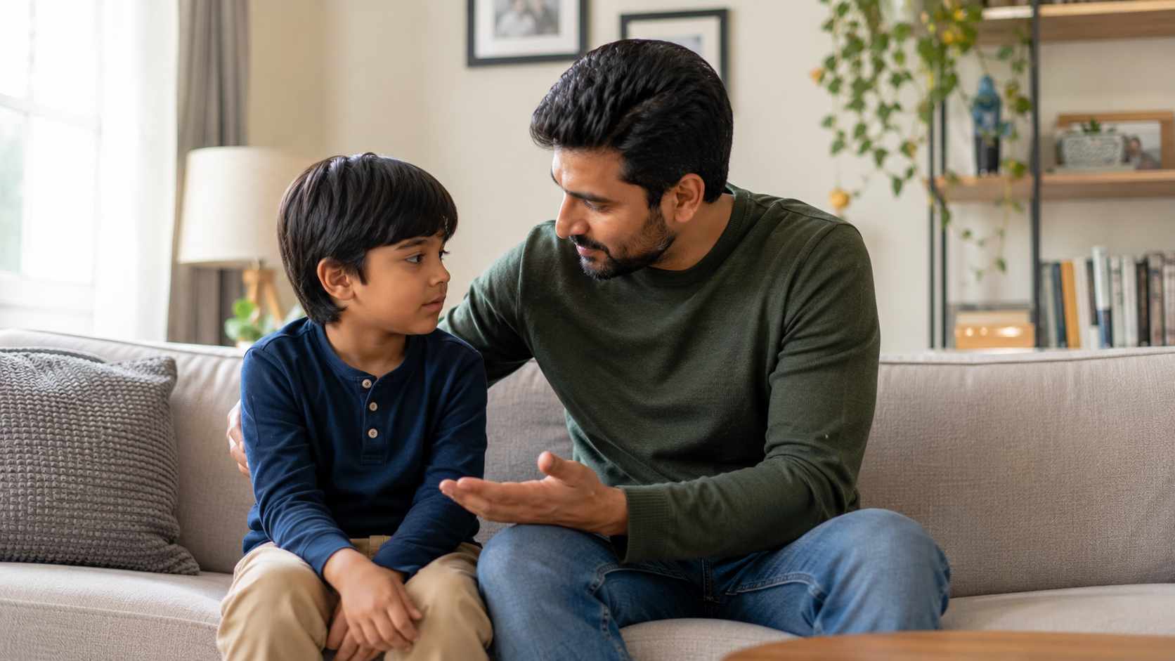 Father calmly talking with child after disagreement