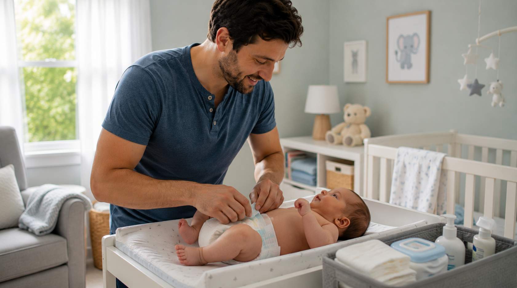 Father confidently changing his newborn baby's diaper