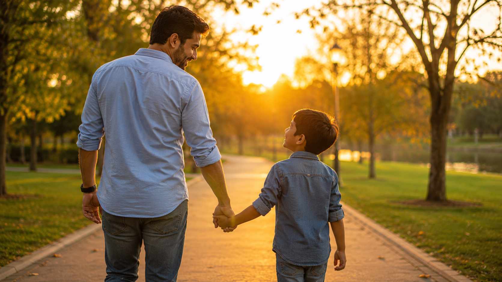 Father and child walking together at sunset