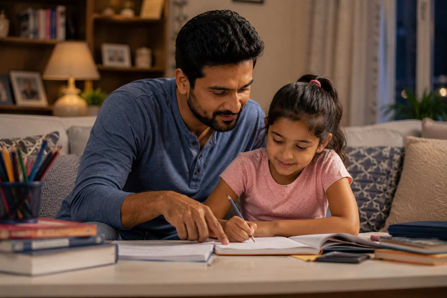 Father helping child complete homework