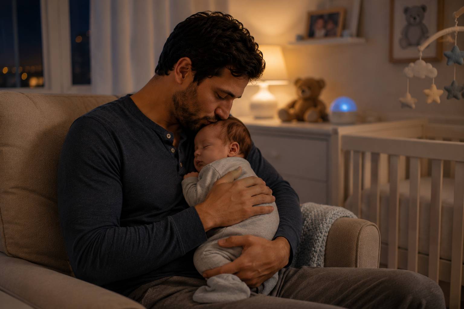 Father gently kissing his newborn baby's forehead