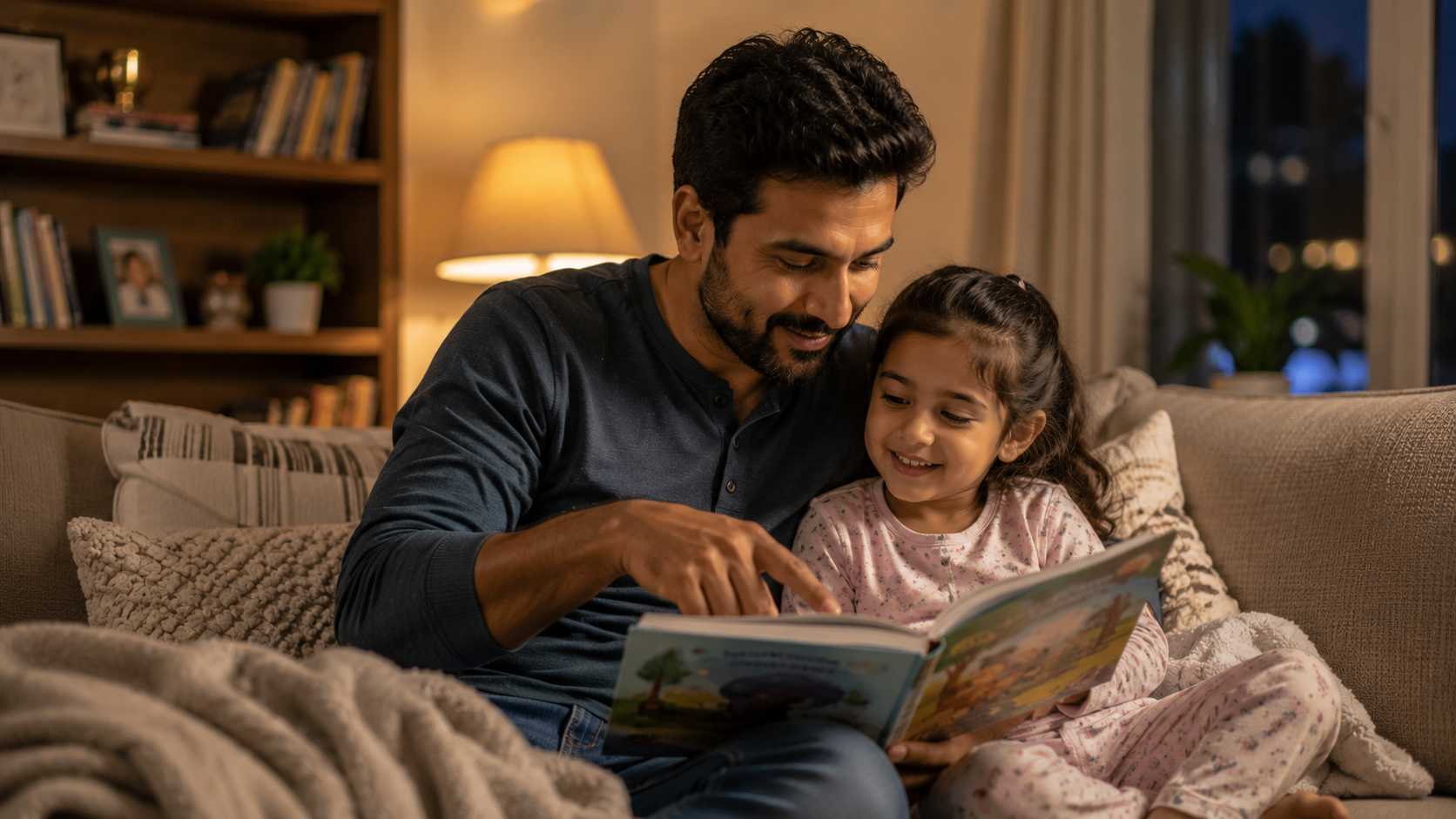 Father reading bedtime story to his daughter