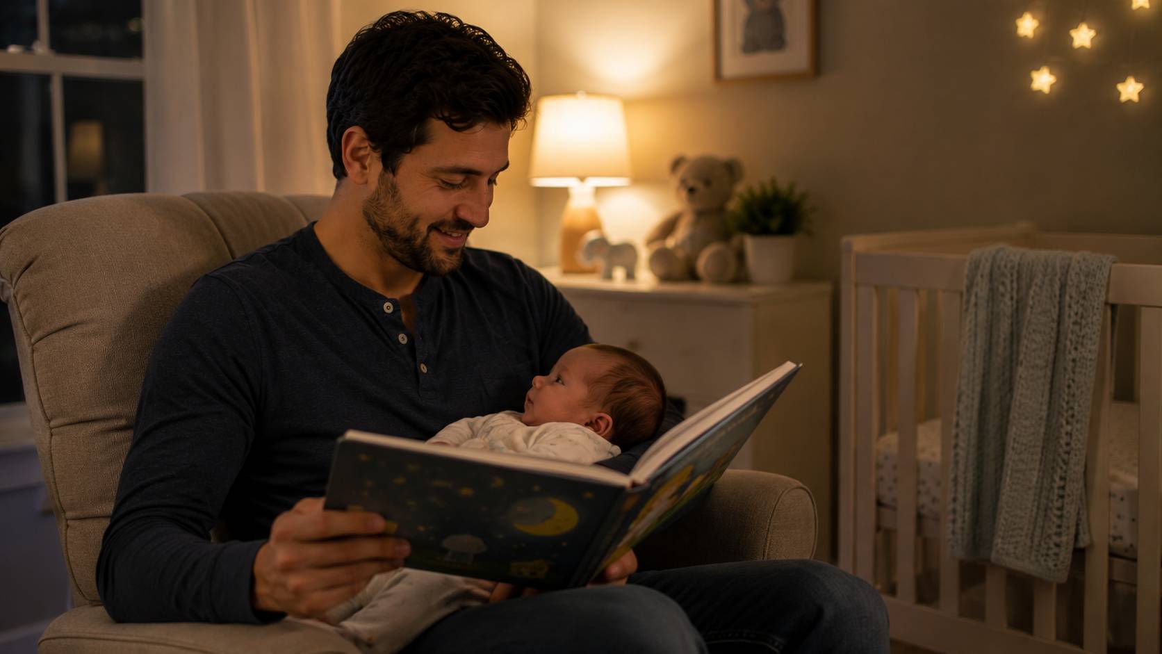 Father reading a bedtime story to his newborn baby
