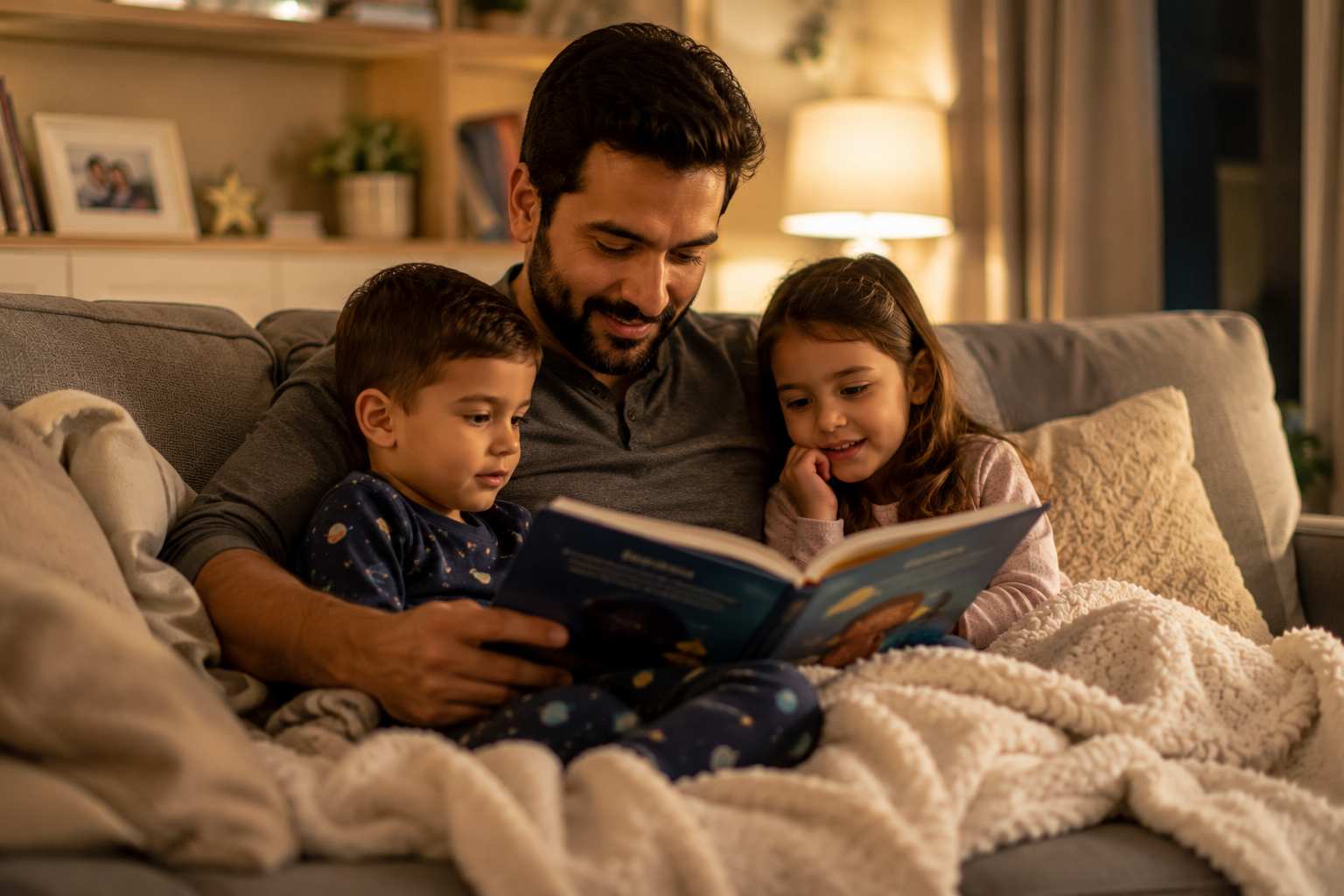Father reading with children before bedtime