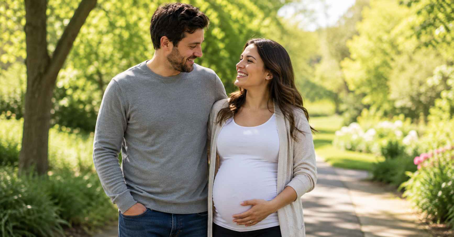 Expectant father walking with his pregnant partner in a peaceful park