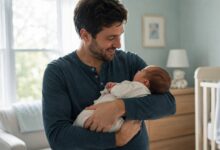 First-time father holding his newborn baby while smiling at home