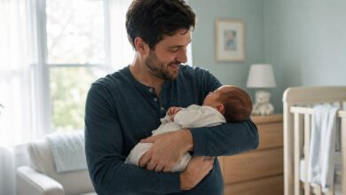First-time father holding his newborn baby while smiling at home
